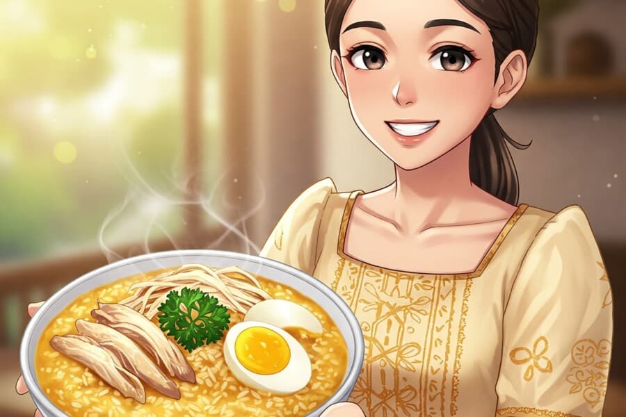 Arroz caldo recipe served by a smily girl.