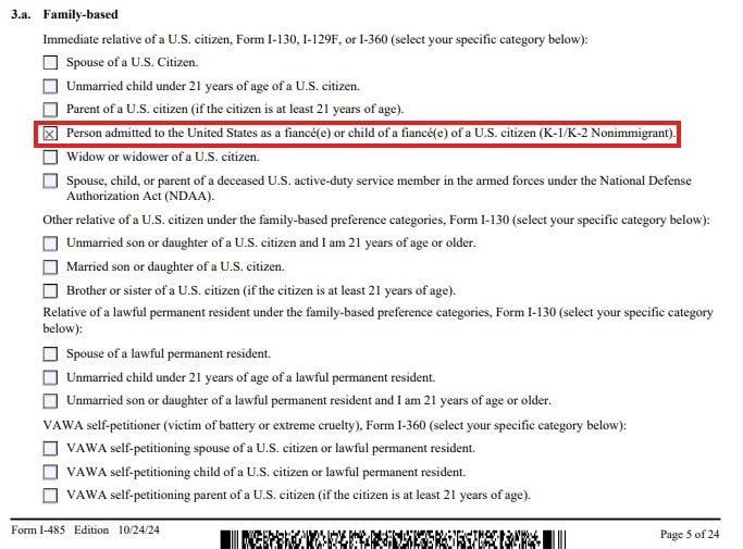 An image of the USCIS Form I-485 Part 2 part of our I-485 Application guide.