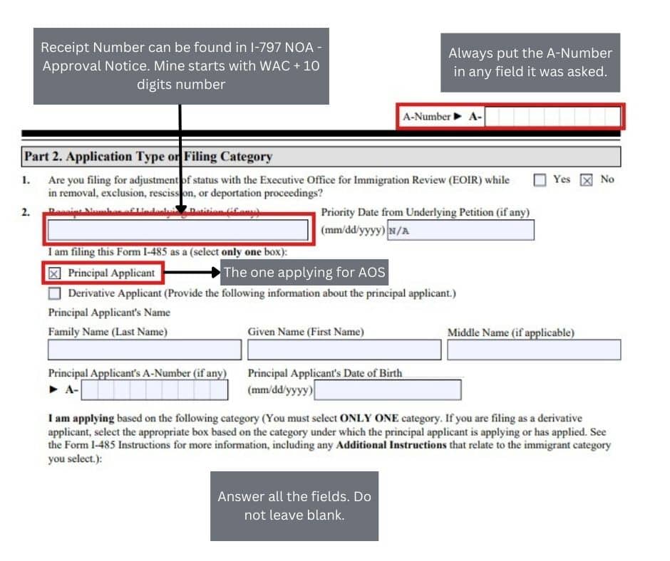 An image of the USCIS Form I-485 Part 2 part of our I-485 Application guide.