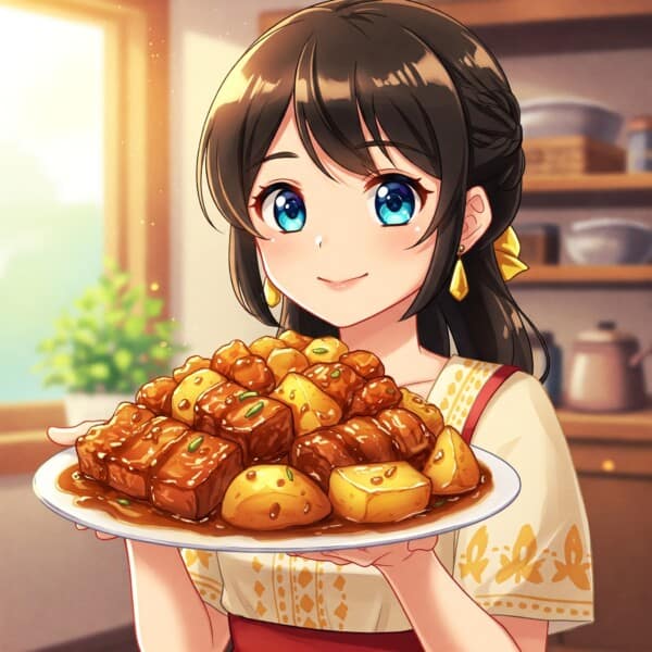 Pork Adobo recipe served by an anime girl.
