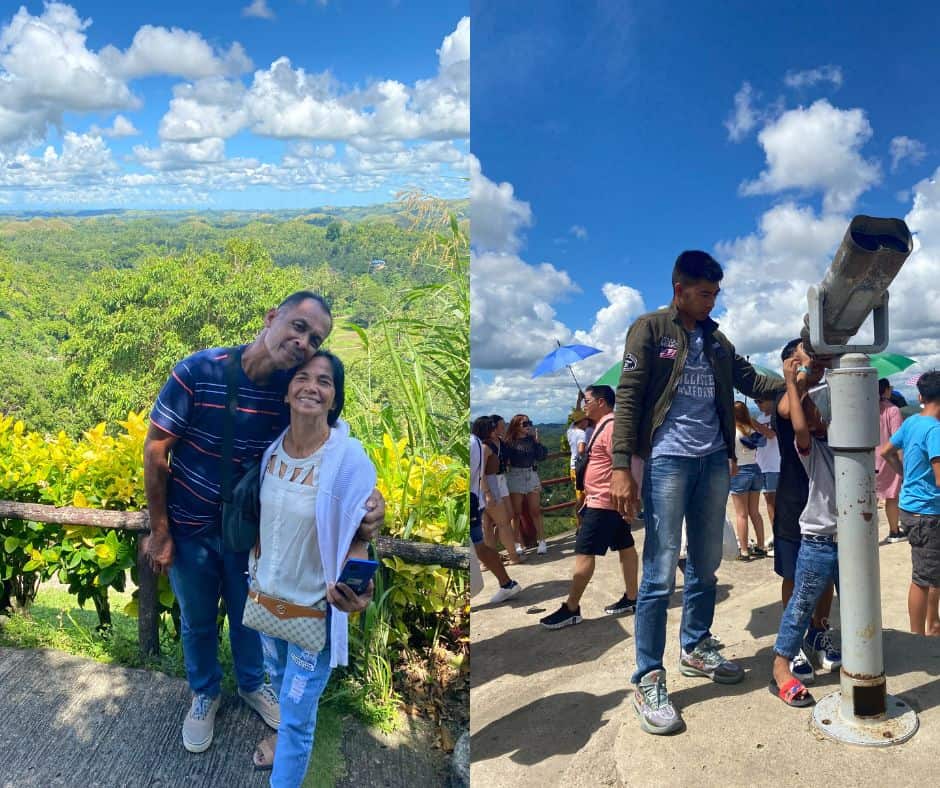 A group of people visiting the Chocolate Hills in Bohol Philippines. A Bohol family getaway.