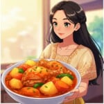 Filipino Chicken Afritada recipe served by an anime girl.
