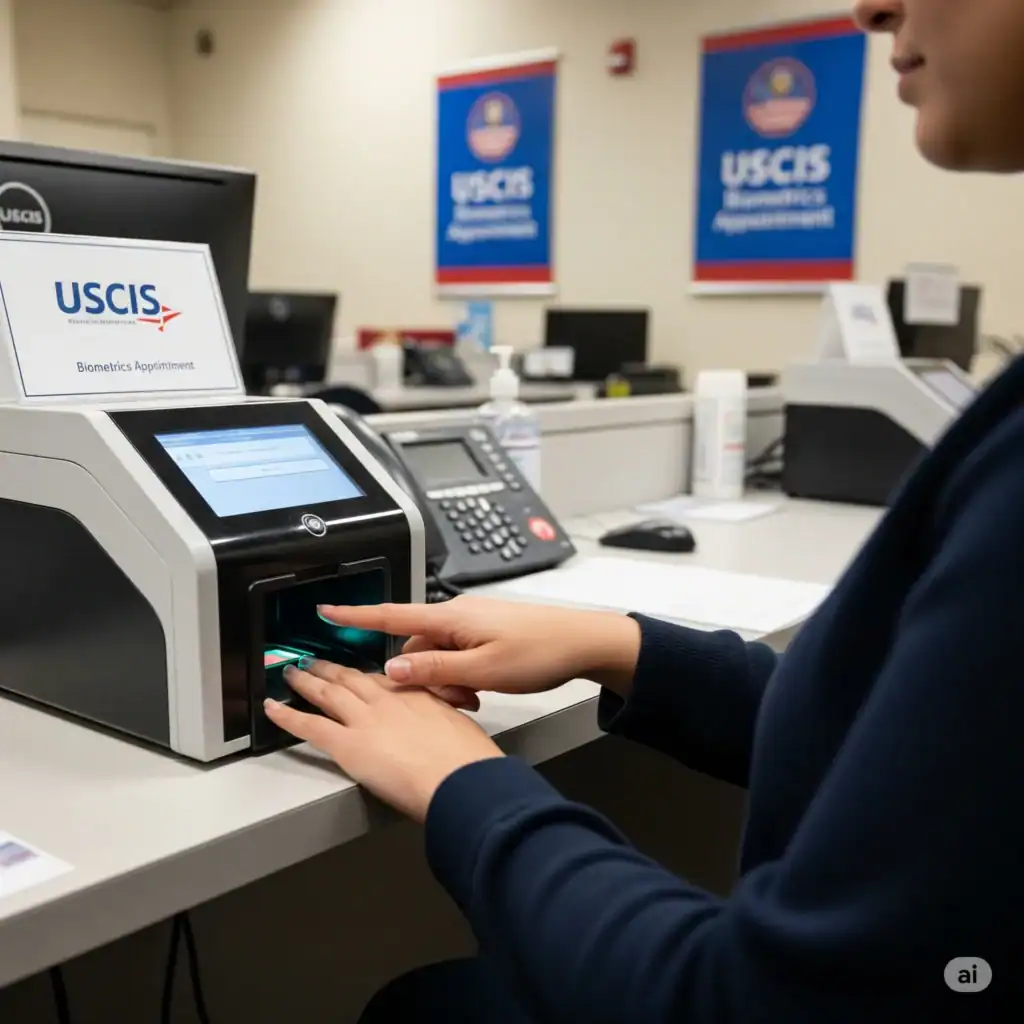 This image depicts a person at a USCIS biometrics appointment, having their fingerprints scanned. The setting is a brightly lit office with USCIS signage and standard office equipment. The focus is on the individual's hands and the fingerprint scanner.