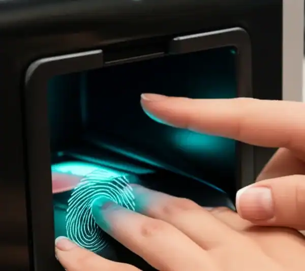 A fingerprint machine processing a human fingerprint.