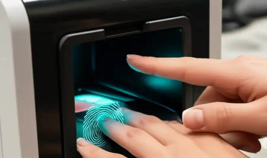 A fingerprint machine processing a human fingerprint.