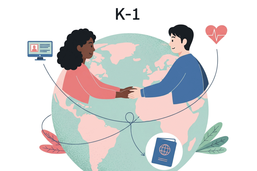 A couple holding hands on top of the planet representing long-distance relationship on the K-1 Visa Journey.