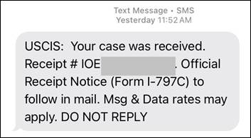 A text message screenshot from USCIS showing the case receipt number for the I-765 biometric process.