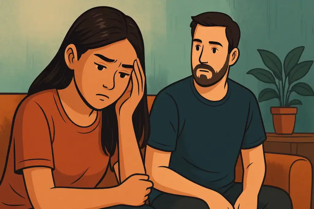 A Filipina breadwinner's quiet struggle discussing frustrations with her husband sitting down on a couch.