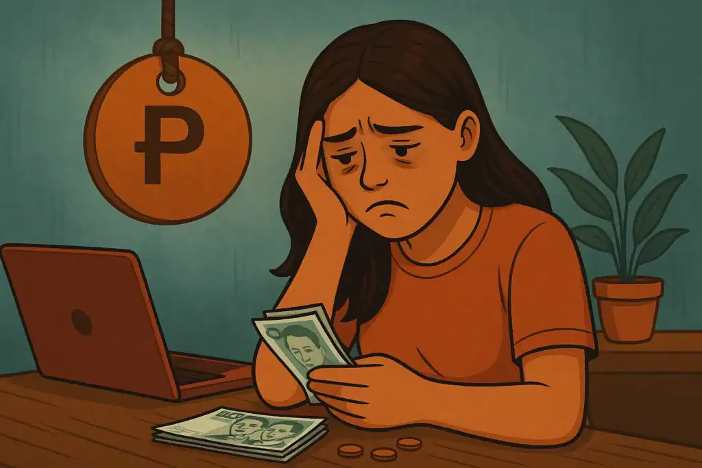 A Filipina breadwinner's quiet struggle pensive staring at Philippines pesos with a stressed expression.