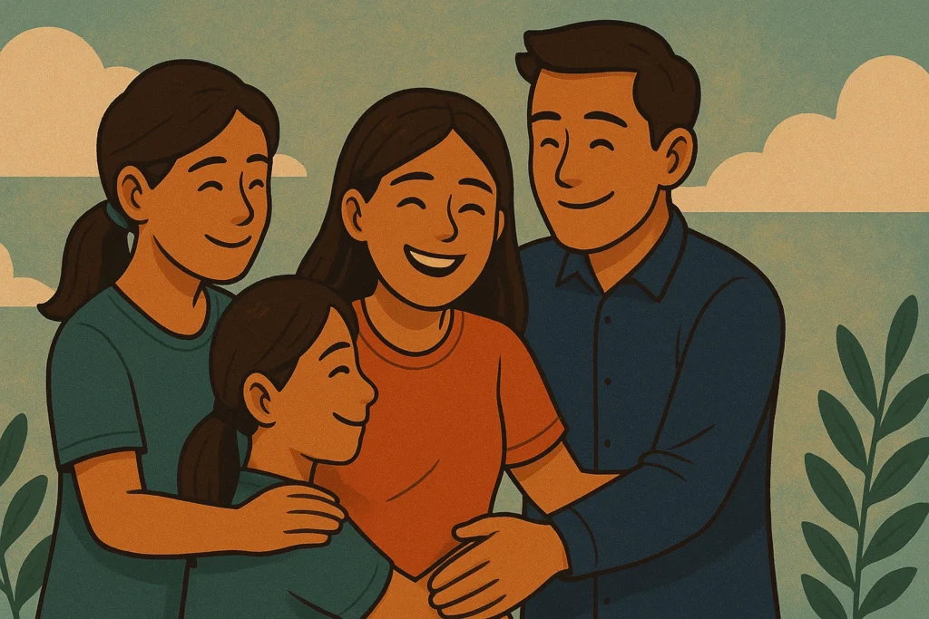 A Filipina breadwinner's quiet struggle showing appreciation to all breadwinners. Surrounded by family bear hug. Smiley faces.