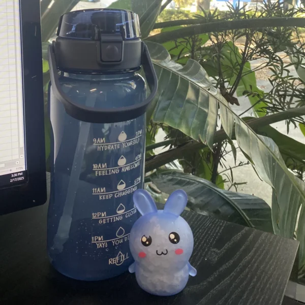 A picture of computer desktop with a water tumbler and stress reliever bunny.