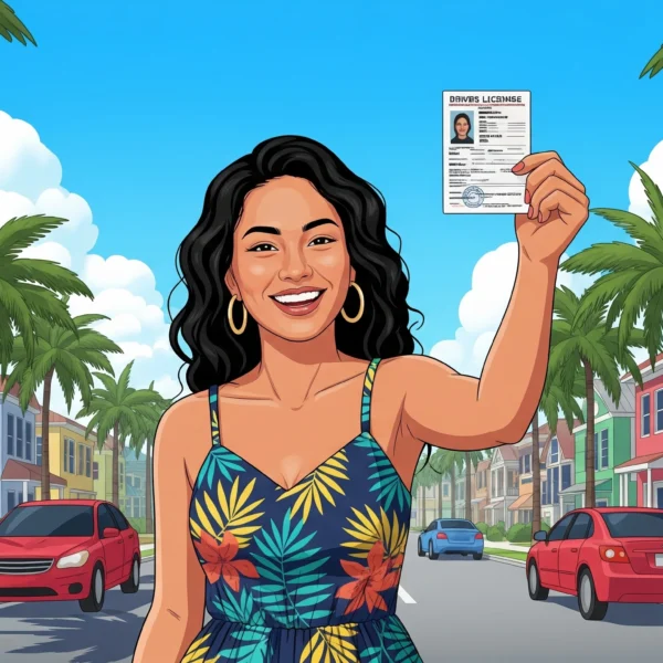 A Filipina Woman in downtown Florida holding a learner permit card.