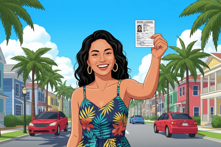 A Filipina Woman in downtown Florida holding a learner permit card.