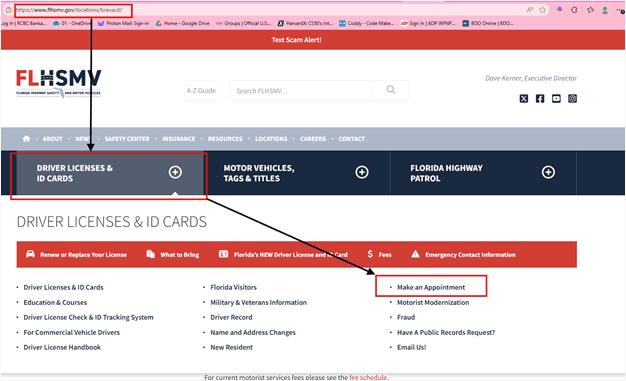 A screenshot of FLHSMV website how to start making a correct appointment for DMV written test.