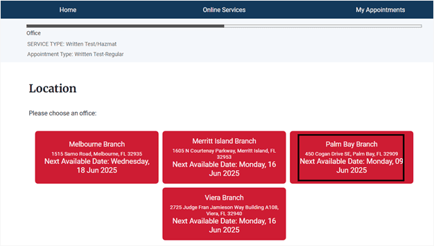 DMV appointment page choosing the correct preferred DMV branch or location accessible/convenient to the applicant.