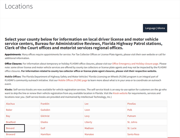 DMV appointment page choosing the location or county.