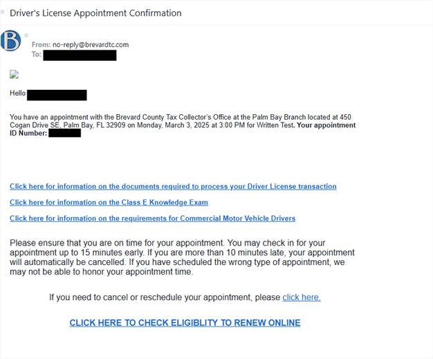 DMV appointment email confirmation