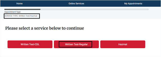 DMV appointment page choosing the correct service type 