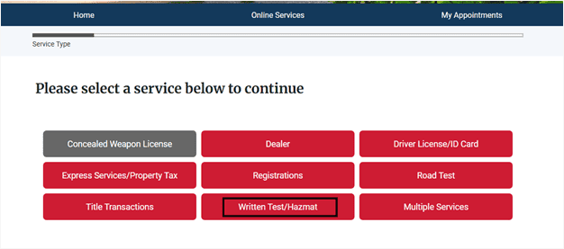 DMV appointment page choosing the correct service type 