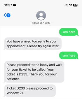 DMV appointment checking in process in getting token by SMS.