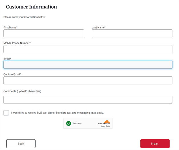 DMV appointment page filling in required information such as name, mobile number, email address, etc.
