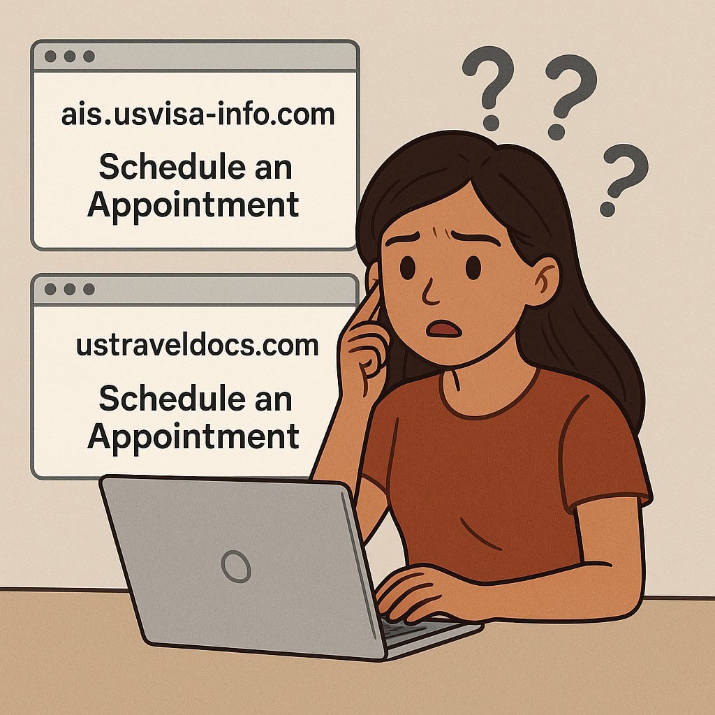 An image of a woman in front of her laptop looking confused on where to set an appointment for a K-1 visa interview using old or new website.