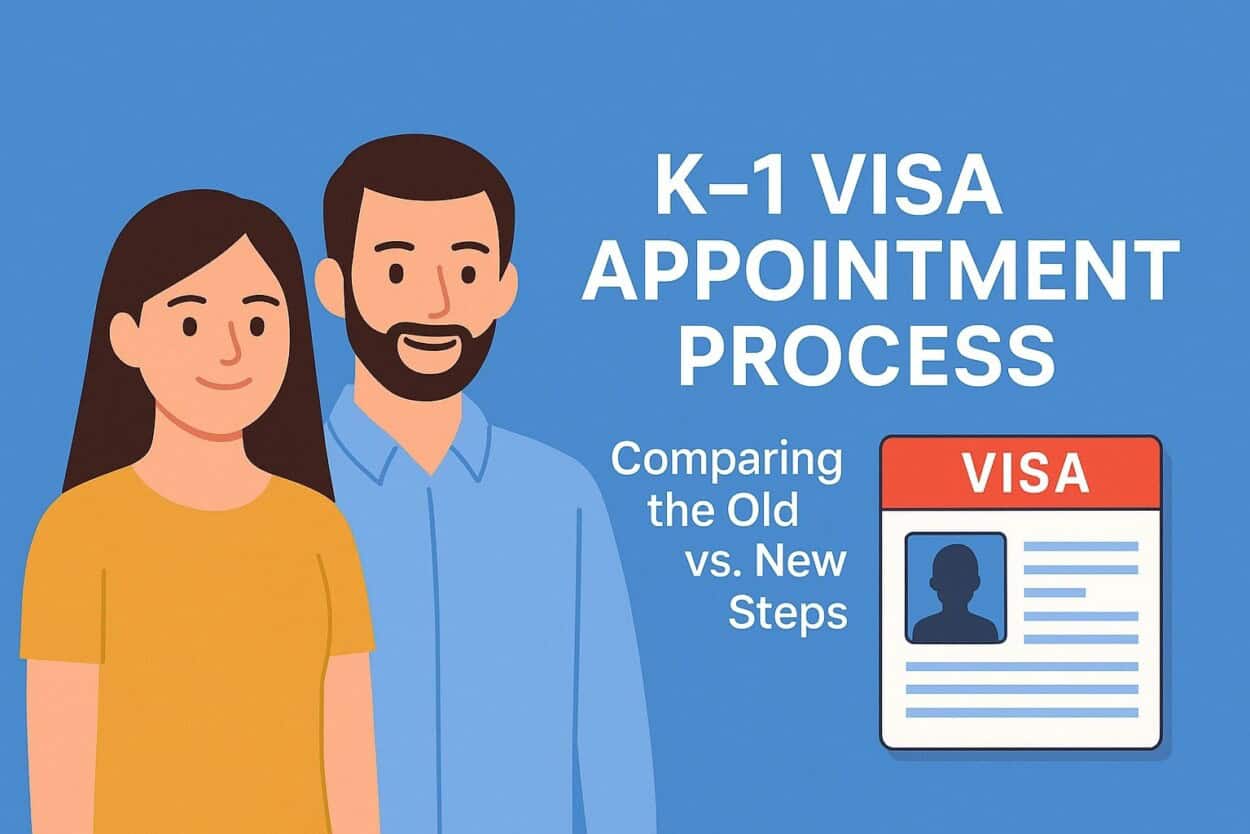 An image of a man and a woman with text on the side about K-1 visa appointment process comparing old vs new.