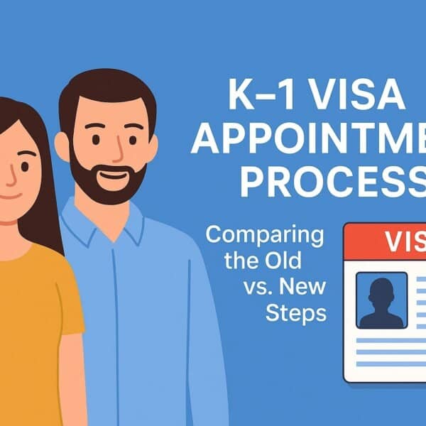 An image of a man and a woman with text on the side about K-1 visa appointment process comparing old vs new.